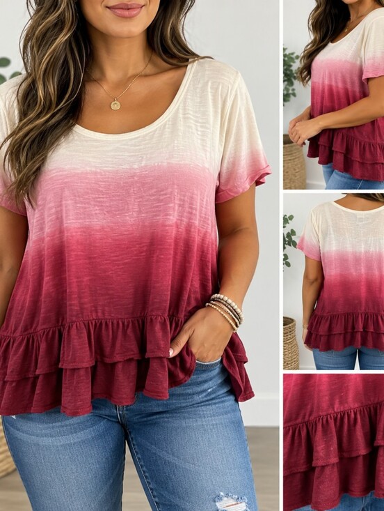 French Laundry Tops - French Laundry Women’s Ombre Ruffle Hem Cotton Top Burgundy Pink Size XL